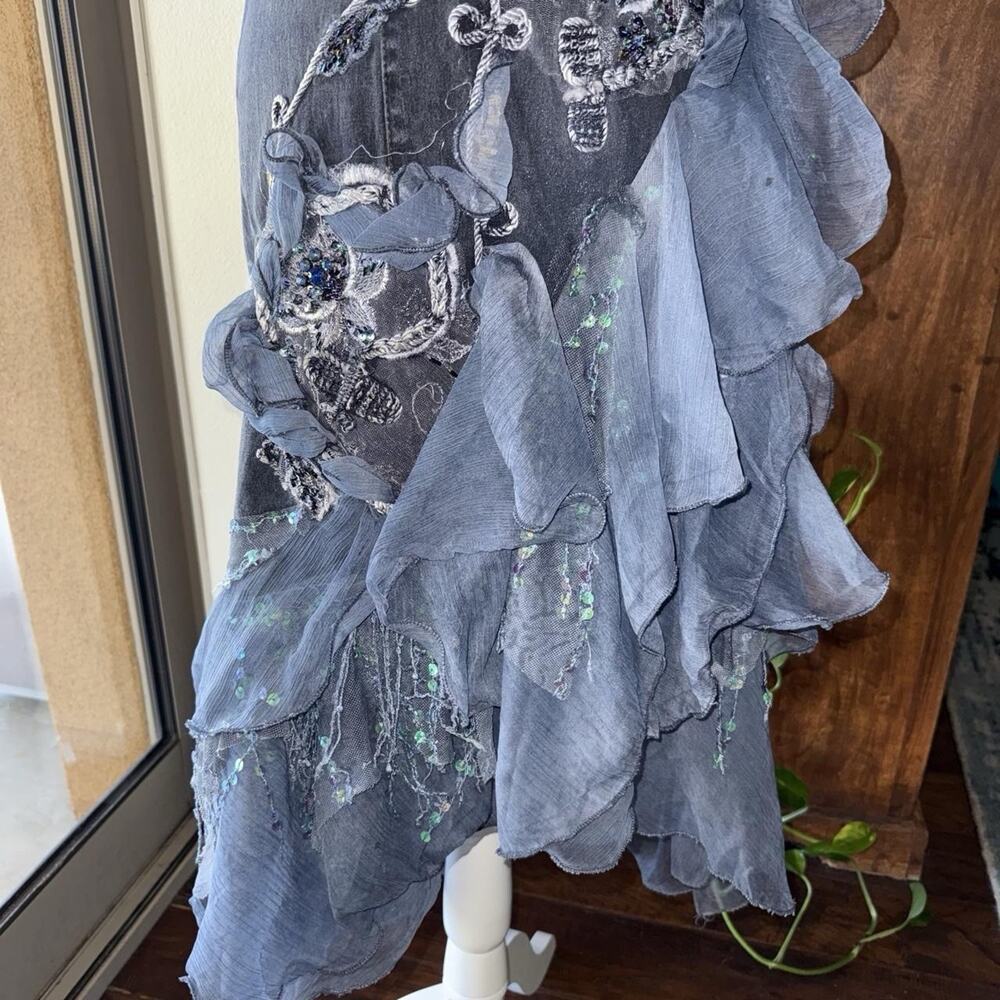 fairy 90s iridescent lace trimmed beaded floral embroidered denim halter dress - Picture 5 of 8